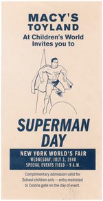 1940 NEW YORK WORLD'S FAIR "SUPERMAN DAY" MACY'S TOYLAND COMPLIMENTARY ADMISSION CARD.