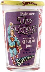 "SUPERMAN TV TREAT" POLANER JELLY GLASS WITH LABEL & LID.