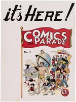 "COMICS ON PARADE" 1938 NEWSSTAND SIGN WITH TARZAN LEADING PARADE OF COMIC STRIP CHARACTERS.