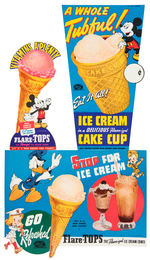 "FLARE-TOP FLAVOR-IZED ICE CREAM CONES" WWII PROMO KIT WITH WALT DISNEY CHARACTER SIGNS.