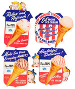 "FLARE-TOP FLAVOR-IZED ICE CREAM CONES" WWII PROMO KIT WITH WALT DISNEY CHARACTER SIGNS.