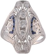 18KT WHITE GOLD ART DECO DIAMOND AND SAPPHIRE RING.