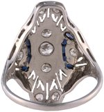 18KT WHITE GOLD ART DECO DIAMOND AND SAPPHIRE RING.