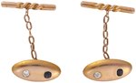 14KT YELLOW GOLD OVAL DIAMOND AND SAPPHIRE CUFFLINKS.