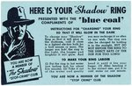 1941 "THE SHADOW BLUE COAL" VERY RARE CANADIAN PREMIUM RING COMPLETE W/ENVELOPE & PAPER (OVERSTREET COLLECTION).