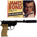 JAMES BOND CAP PISTOL WITH SILENCER IN BOX AND 007 BARETTA MIDGIE ON CARD BY LONE STAR.