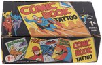 1967 TOPPS COMIC BOOK TATTOO DISPLAY BOX FEATURING DC COMICS CHARACTERS.