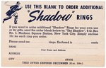 THE SHADOW 1941 GLOW-IN-DARK BLUE COAL PREMIUM RING WITH ENVELOPE & FOLDER (OVERSTREET COLLECTION).