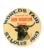 "WORLDS FAIR ST. LOUIS 1903 'STEER' FOR THE IRON MOUNTAIN ROUTE" RARE LAPEL STUD.