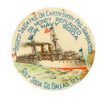 MINIATURE POCKET MIRROR ADVERTISES "NAVY SODA" AND PICTURES MAINE-LIKE WARSHIP.