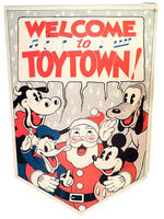 "TOYTOWN" TWO-SIDED STORE SIGN FEATURING SANTA AND DISNEY CHARACTERS.