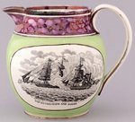 WAR OF 1812 NAVAL BATTLES APPLE GREEN & PINK LUSTER STAFFORDSHIRE PITCHER.
