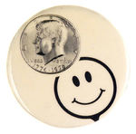 JFK HALF DOLLAR AND SMILEY FACE BUTTON.