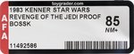 STAR WARS: REVENGE OF THE JEDI (1983) - BOSSK (BOUNTY HUNTER) PROOF CARD AFA 85 NM+.