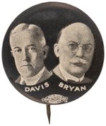 DAVIS & BRYAN 1924 DEMOCRATIC CAMPAIGN JUGATE BUTTON HAKE #1.