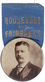 "ROOSEVELT AND FAIRBANKS" RIBBON SUSPENDING LARGE REAL PHOTO BUTTON.