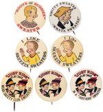 1930s SWEATER ENDORSEMENT BUTTONS FROM FOUR SUNDAY COMICS CHARACTERS.