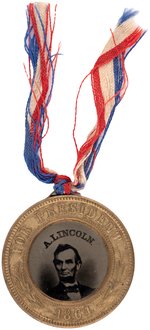 LINCOLN & JOHNSON BACK-TO-BACK FERROTYPE JUGATE BADGE DeWITT 1864-96.