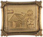 HARRISON 1840 LOG CABIN & CIDER BARREL BROOCH UNUSUAL CHAMPAGNE GOLD.