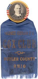 JAMES M. COX 1920 BUTTON W/"HOME COUNTY COX CLUB" 1920 BUTLER CO. OHIO RIBBON.