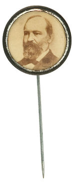 GARFIELD UNLISTED AND MOST UNUSUAL CELLULOID COVERED CARDBOARD PHOTO STICKPIN.