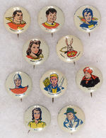 FAWCETT CHARACTERS HIGH GRADE BUTTON SET INCLUDING CAPTAIN MARVEL.