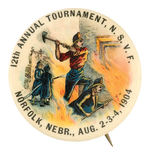 SUPERB COLOR 1904 BUTTON FOR NORFOLK, NEBRASKA FIREMEN'S TOURNAMENT.