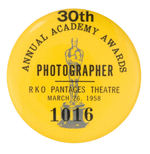 "PHOTOGRAPHER" BADGE FOR 30TH ANNUAL ACADEMY AWARDS.