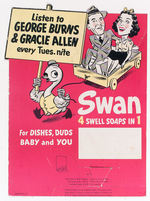 "GEORGE BURNS AND GRACIE ALLEN/SWAN SOAP" DISPLAY SIGN.