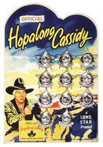 HOPALONG CASSIDY ENGLISH BADGES SET ON DISPLAY CARD.