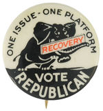 HOOVER 1932 BUTTON WITH CARTOON ELEPHANT CARRYING “RECOVERY” SIGN ON HIS TRUNK.