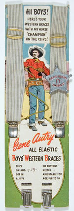 "GENE AUTRY ALL ELASTIC BOYS WESTERN BRACES" STORE CARD WITH BADGE.