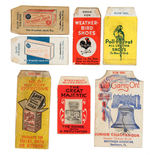 SEVEN SMALL AND EARLY CARDBOARD ADVERTISING WHISTLES.