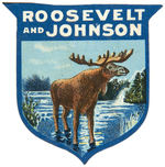 “ROOSEVELT AND JOHNSON” DIE CUT CELLULOID SHOWING BULL MOOSE IN THE WILDS.