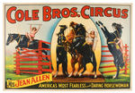 COLE BROS. CIRCUS POSTER FEATURING EQUESTRIAN PERFORMER MISS JEAN ALLEN.