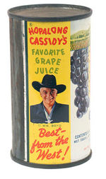 "HOPALONG CASSIDY'S FAVORITE GRAPE JUICE/BEST FROM THE WEST/BETSY ROSS" UNOPENED CAN.