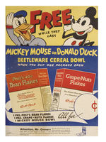 GENERAL FOODS BREAKFAST CEREAL DISPLAY SIGN FEATURING MICKEY MOUSE/DONALD DUCK.