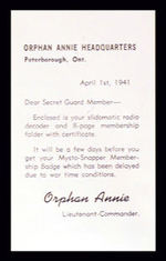 "ORPHAN ANNIE'S SECRET GUARD HEADQUARTERS" RARE CANADIAN ENVELOPE AND INSERT.