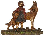 “LITTLE RED RIDING HOOD” CAST IRON DOOR STOP WITH STANDING WOLF.