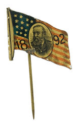 HARRISON RARE "1892" PORTRAIT FLAG LITHO TIN STICKPIN.