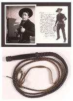 LASH LaRUE PERSONAL WHIP W/SIGNED AND INSCRIBED PHOTOS.