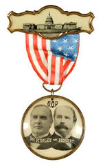 "McKINLEY AND HOBART" JUGATE RIBBON BADGE SHOWING CAPITOL AND LIKELY FOR 1897 INAUGURAL.