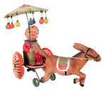 CELLULOID DONKEY PULLING CLOWN IN CART WIND-UP TOY.