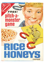 "NABISCO RICE HONEYS/PITCH-A-MONSTER GAME" CEREAL BOX W/PREMIUM.