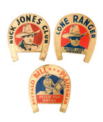 TRIO OF WESTERN CLUBS 1930s GOOD LUCK HORSESHOE BADGES.