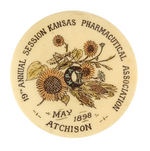 "KANSAS PHARMACEUTICAL  ASSOCIATION 1898” BEAUTIFUL HAND COLORED CONVENTION BUTTON.