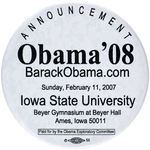 SCARCE 2008 OBAMA ANNOUNCEMENT BUTTON AND POSTCARD FROM AMES, IOWA EVENT.