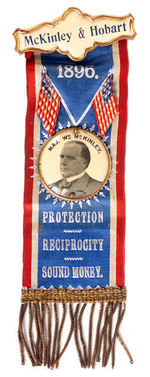 "McKINLEY & HOBART 1896 PROTECTION RECIPROCITY SOUND MONEY" RIBBON BADGE.