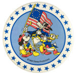 DISNEY 1976 BICENTENNIAL BUTTON WITH MICKEY, GOOFY AND DONALD AS SPIRIT OF 1776.