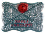 "DAVEY CROCKETT" LARGE WHITE METAL BADGE.